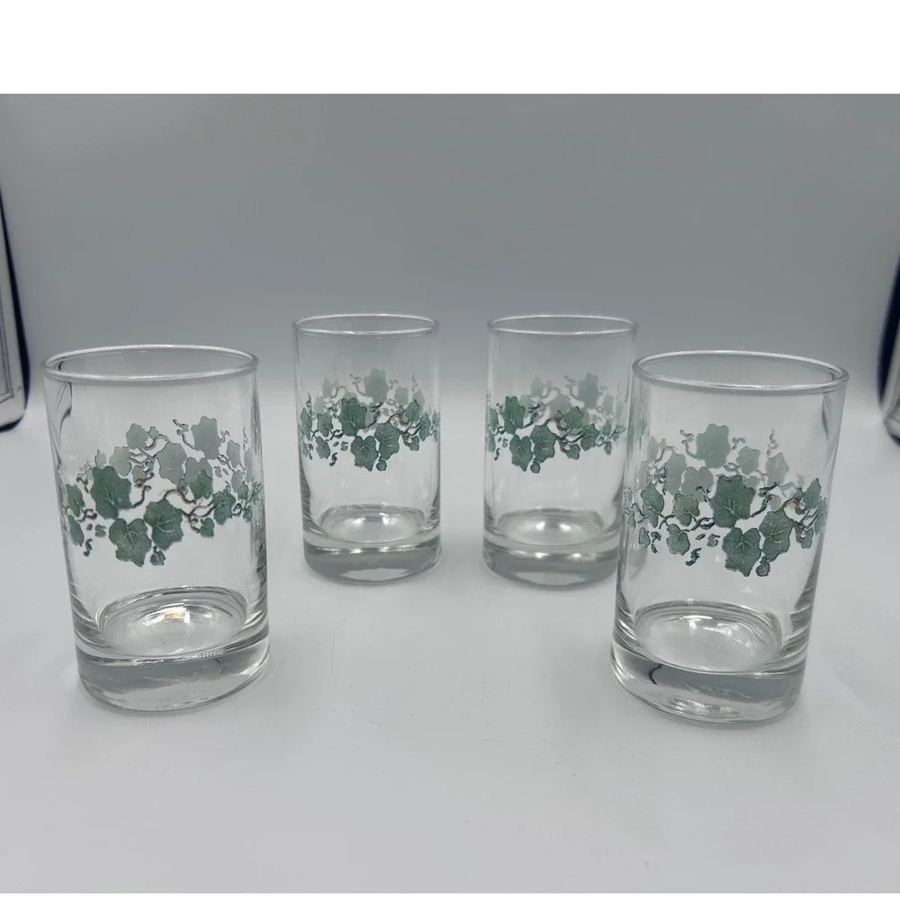 Corelle English Ivy Juice Glasses Set of 4 Clear Green Leaf Pattern 4oz